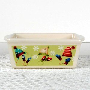 Nantucket Loaf Pan Beige Ceramic Stoneware Mini 5 x 3 In. Hats Mittens Christmas